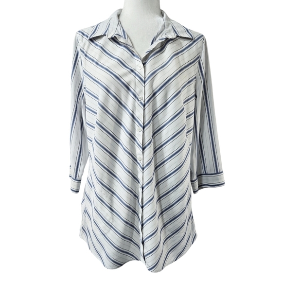 Chico's No Iron Stain Shield White Diagonal Stripe Button-Up Pocket Tunic Shirt - Picture 1 of 11